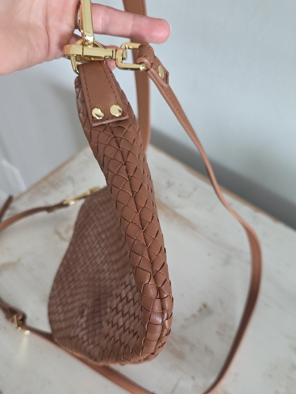 Quince Italian Handwoven Leather Mini Shoulder Bag In Cognac - Picture 4 of 16